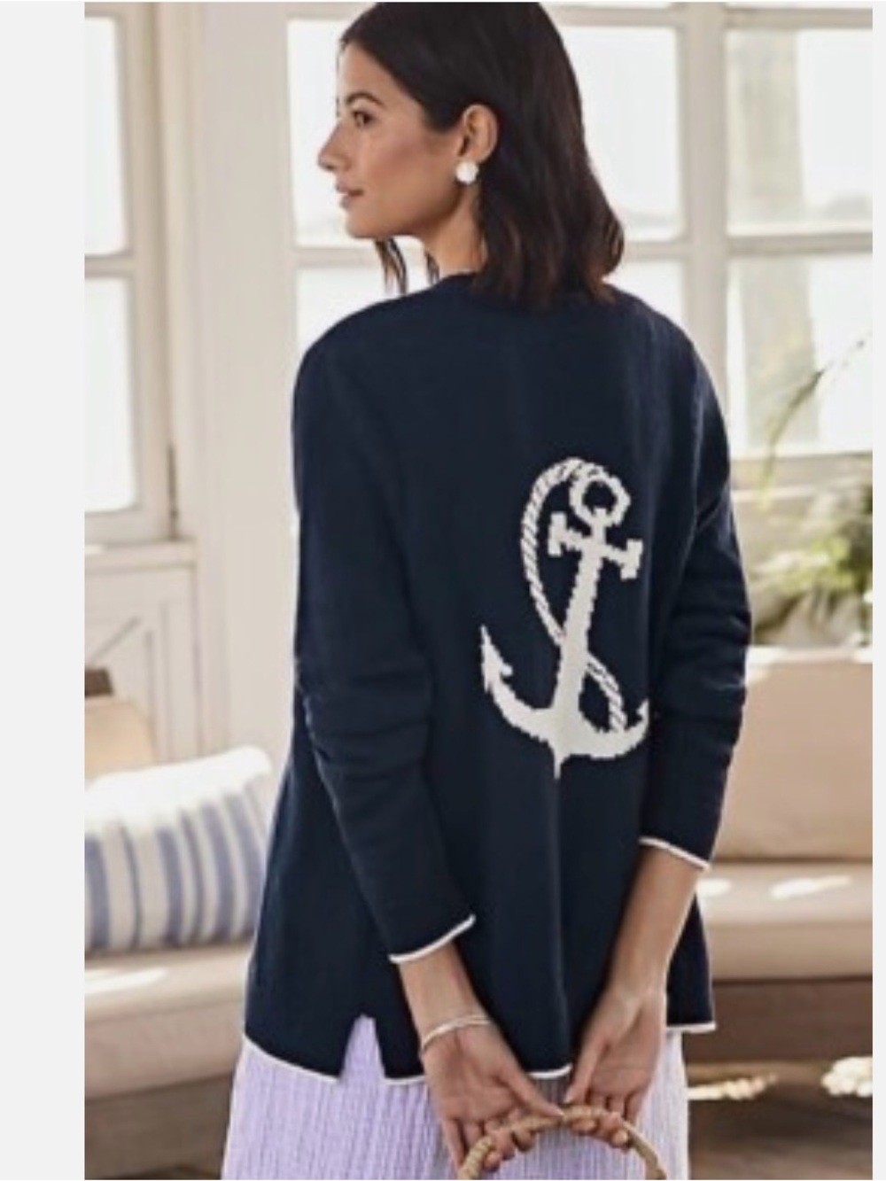 J.Jill Navy Blue Nautical Anchor ⚓️ Open-Front Cardigan Sweater Size Small